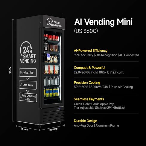 HAHA Smart AI Vending Machine with Card Reader, Combo Snack & Drink Machine, 6-Layer 252 Cans Capacity Refrigerated AI Visual Recognition & App Management US360CT (Black, AI mini) in Kuwait