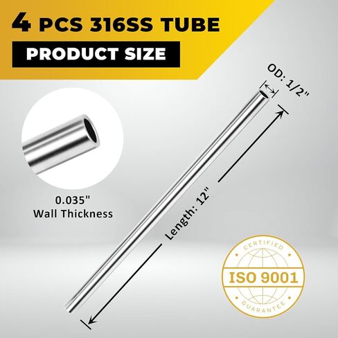 1/2" OD 316 Stainless Steel Tube 12 inch Length Round Straight Steel Pipe Metal Tubing Industrial Metal Tube (4 Pcs) in Kuwait