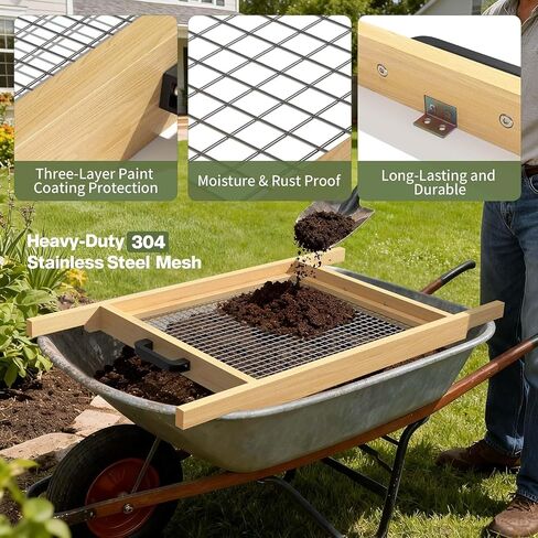 2-in-1 Soil Sifter with Interchangeable Mesh(1/4" & 3/5"),Large Rock Sifter with Strong Magnets Quick Swap Design,304 Stainless Steel Heavy Duty Wheelbarrow Garden Sieve for Sifting Soil Sand Leaves in Kuwait