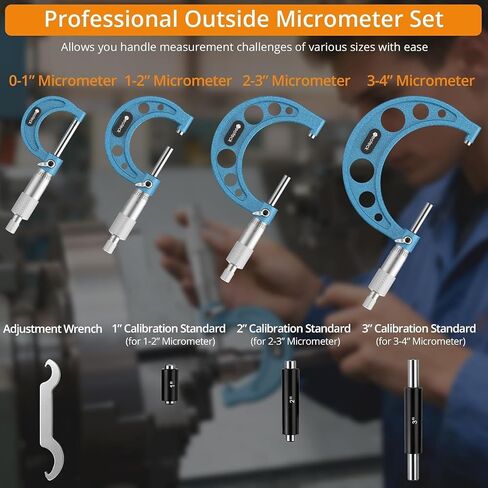 Neoteck 0-4"/0.0001" Outside Micrometer 4PCS Hardened Steel Precision Mechanical Micrometer Set with 1"/2"/3"Calibration Standards Wrench and Case for Machining, Automotive, Inspection in Kuwait