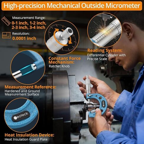 Neoteck 0-4"/0.0001" Outside Micrometer 4PCS Hardened Steel Precision Mechanical Micrometer Set with 1"/2"/3"Calibration Standards Wrench and Case for Machining, Automotive, Inspection in Kuwait