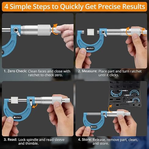 Neoteck 0-4"/0.0001" Outside Micrometer 4PCS Hardened Steel Precision Mechanical Micrometer Set with 1"/2"/3"Calibration Standards Wrench and Case for Machining, Automotive, Inspection in Kuwait