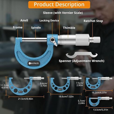 Neoteck 0-4"/0.0001" Outside Micrometer 4PCS Hardened Steel Precision Mechanical Micrometer Set with 1"/2"/3"Calibration Standards Wrench and Case for Machining, Automotive, Inspection in Kuwait