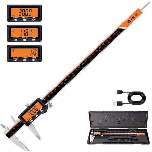 HARDELL Rechargeable Digital Caliper, 12 Inch Calipers with Large Orange Screen (No-Backlight), Auto-Off, Quick Change Button for Inch/MM/Fraction, Stainless Steel Vernier Caliper for Woodworking in Kuwait