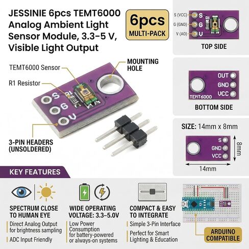 6pcs TEMT6000 Analog Ambient Light Sensor Module, 3.3–5 V, Visible Light Output in Kuwait