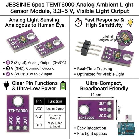 6pcs TEMT6000 Analog Ambient Light Sensor Module, 3.3–5 V, Visible Light Output in Kuwait