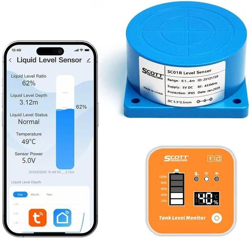 SCOTTSENSORS SC01R Smart WiFi Blue Water Level Sensor Water Tank Level Monitor Oil Tank Gauge Sensor , Automatic Alarm Indicator for Tuya Smart Life Mobile APP Smart Home Remote IP66 Waterproof in Kuwait