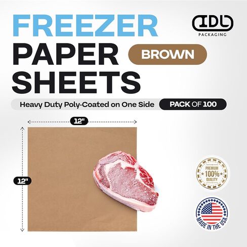 Brown Freezer Paper Sheets 12" x 12", Pack of 100 - USA-Made Paper Sheets for Long-Term Freezing of Meat & Fish - Freezer Pads for Quilting - Bakery Tissue Wraps for Food Storage by IDL Packaging in Kuwait