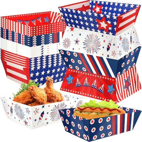 WorldBazaar 60 Pcs 4th of July Paper Food Trays Bulk Patriotic Disposable Fourth of July Party Decorations Snack Serving Tray Star Red White Blue 250 Anniversary Supplies in Kuwait