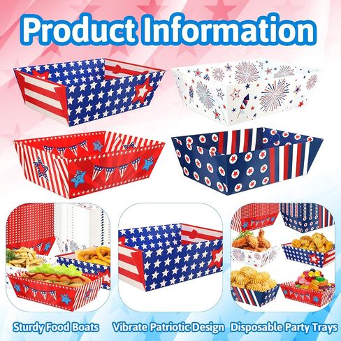 WorldBazaar 60 Pcs 4th of July Paper Food Trays Bulk Patriotic Disposable Fourth of July Party Decorations Snack Serving Tray Star Red White Blue 250 Anniversary Supplies in Kuwait