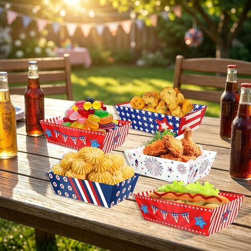 WorldBazaar 60 Pcs 4th of July Paper Food Trays Bulk Patriotic Disposable Fourth of July Party Decorations Snack Serving Tray Star Red White Blue 250 Anniversary Supplies in Kuwait