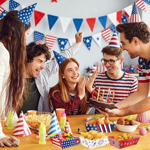 WorldBazaar 60 Pcs 4th of July Paper Food Trays Bulk Patriotic Disposable Fourth of July Party Decorations Snack Serving Tray Star Red White Blue 250 Anniversary Supplies in Kuwait