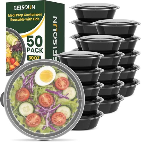 18oz Round 50-Pack Meal Prep Containers Reusable with Lids, To Go Take Out Plastic Food Storage Containers with Lids, Sturdy Leakproof & Food Safe, Microwave Freezer Dishwasher Safe Prep Containers in Kuwait