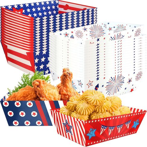 WorldBazaar 60 Pcs 4th of July Paper Food Trays Bulk Patriotic Disposable Fourth of July Party Decorations Snack Serving Tray Star Red White Blue 250 Anniversary Supplies in Kuwait