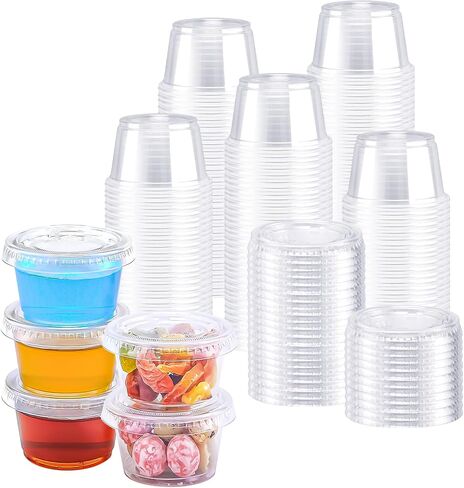 BYSNOW 400 Sets 2 oz Plastic Portion Cups with Lids, Small Clear Jello Shot Cup, Disposable Plastic Condiment Containers for Sauce, Salad Dressing, Snacks in Kuwait
