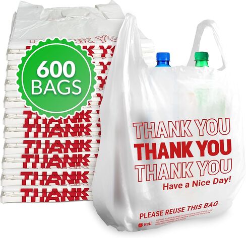 Reli. Thank You Bags | 600 Pack | White Thank You Plastic Bags with Handles | Ideal for Grocery, Shopping, Food Take Out, Restaurants, Small Business (11.5" x 6.5" x 21") in Kuwait