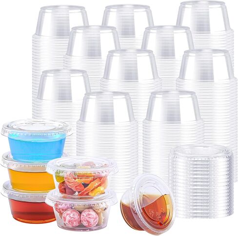 BYSNOW 400 Sets 2 oz Plastic Portion Cups with Lids, Small Clear Jello Shot Cup, Disposable Plastic Condiment Containers for Sauce, Salad Dressing, Snacks in Kuwait