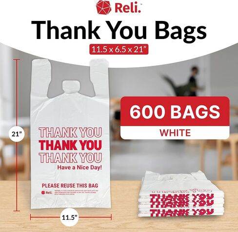 Reli. Thank You Bags | 600 Pack | White Thank You Plastic Bags with Handles | Ideal for Grocery, Shopping, Food Take Out, Restaurants, Small Business (11.5" x 6.5" x 21") in Kuwait