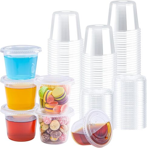 BYSNOW 400 Sets 2 oz Plastic Portion Cups with Lids, Small Clear Jello Shot Cup, Disposable Plastic Condiment Containers for Sauce, Salad Dressing, Snacks in Kuwait