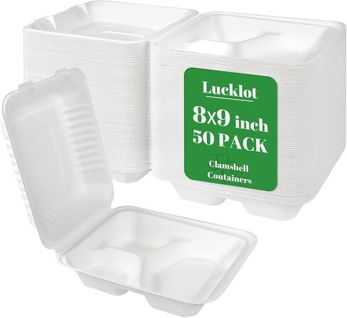 Lucklot 100 Pack Togo 8×9 Inch Disposable 3 Compartment White Clamshell Take Out Containers with Lids, To Go Takeout Lunch Boxes Compostable and Eco-Friendly Biodegradable Bagasse PFAS-Free for Food in Kuwait