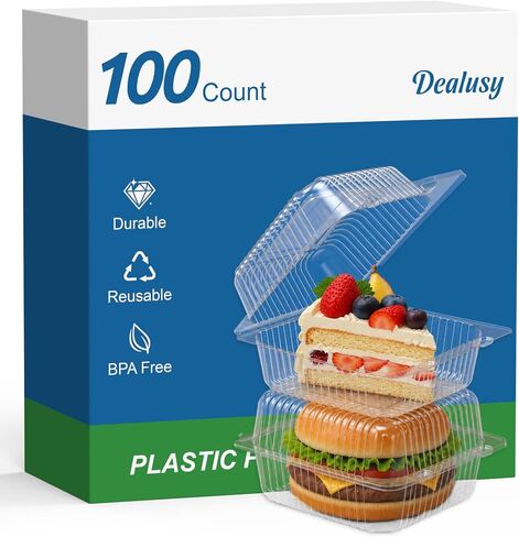 Dealusy 100 Pack Extra Heavy Duty Clear Plastic Clamshell Takeout Containers, Premium Disposable Food Containers with Lids, Plastic Hinged To Go Boxes for Hamburger, Cake, Dessert, Salad, Sandwich in Kuwait