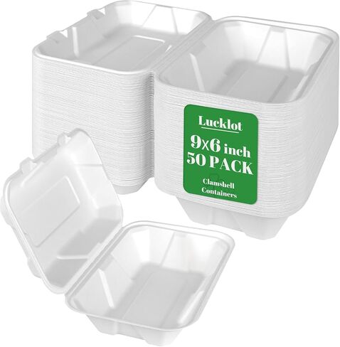 Lucklot 100 Pack Togo 8×9 Inch Disposable 3 Compartment White Clamshell Take Out Containers with Lids, To Go Takeout Lunch Boxes Compostable and Eco-Friendly Biodegradable Bagasse PFAS-Free for Food in Kuwait