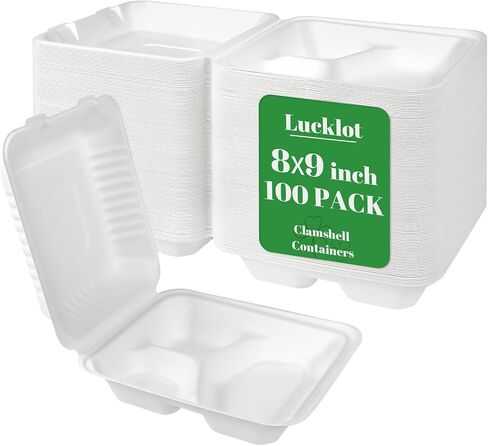 Lucklot 100 Pack Togo 8×9 Inch Disposable 3 Compartment White Clamshell Take Out Containers with Lids, To Go Takeout Lunch Boxes Compostable and Eco-Friendly Biodegradable Bagasse PFAS-Free for Food in Kuwait