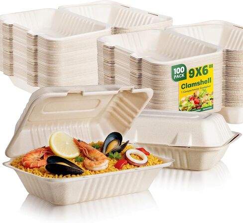100 Pack Compostable To Go Food Containers 9×6" | Disposable Clamshell Take Out Lunch Boxes with Lid | PFAS-Free Biodegradable Bagasse, Heavy-Duty Microwave Freezer Safe, Meal Prep in Kuwait