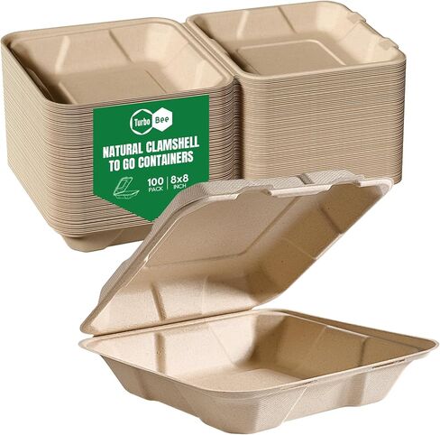 Turbo Bee 100 Pack 8x8inch White Compostable Take Out Containers with Lids, Disposable Clamshell Food Containers, Large To Go Boxes for Restaurant, Catering, Meal Prep & Food Service-White in Kuwait