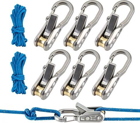 6 Pack Metal Rope Adjusters, Rustproof Heavy Duty Guyline Tensioners with 9FT Reflective Braided Cords for Camping Tent, Tarp, RV Awning & Boat Cover in Kuwait