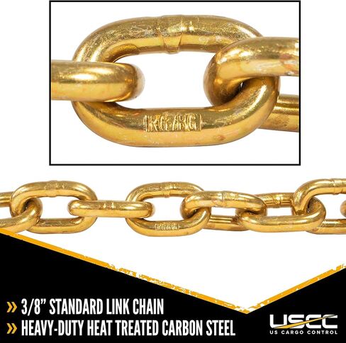 US Cargo Control Grade 70 Transport Chain With Clevis Grab Hooks, 3/8 Inch x 16 Foot Load Chain, Easily Secure Heavy Loads To A Truck Or Flatbed Trailer, 6,600 Pound Working Load Limit Each, Case Of 2 in Kuwait