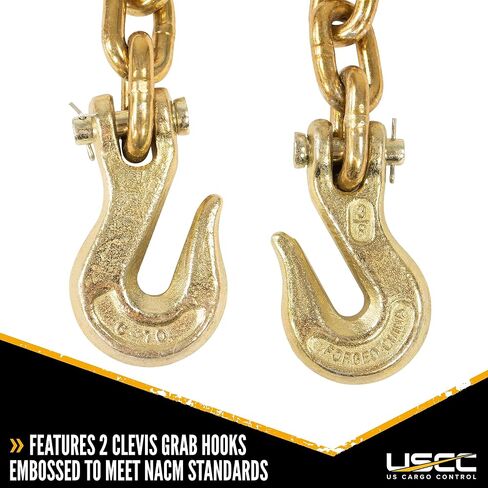 US Cargo Control Grade 70 Transport Chain With Clevis Grab Hooks, 3/8 Inch x 16 Foot Load Chain, Easily Secure Heavy Loads To A Truck Or Flatbed Trailer, 6,600 Pound Working Load Limit Each, Case Of 2 in Kuwait
