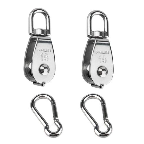 2PCS 304 Stainless Steel Single Pulley Block M15, Wire Rope Crane Pulley Block Hanging Wire Towing Wheel with 2PCS Spring Snap Hook in Kuwait