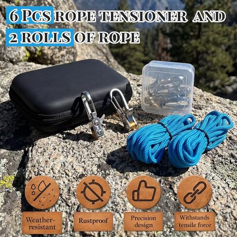 6 Pcs Copper Rope Tightening Tools with Portable Case, Rope Tensioner with Locking Buckle for Easy and Secure Tying, Include Cord, Paracord Adjusters for Outdoor Vehicle Cargo Camping Boat in Kuwait