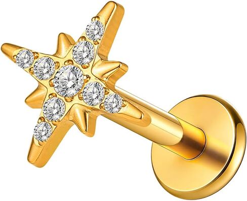 1PC ASTM F136 Titanium Threaded(0.9mm internal) Super Stars CZ Tops Piercing studs for Conch,Tragus,Helix,Lobe Come With 4PCS Different Lengths Post 16G 18G 20G Flatback earring nose Jewelry Gold Silver in Kuwait