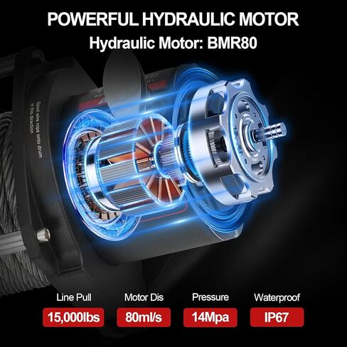 15000 LBS Hydraulic Winch for Tow Truck, Heavy Duty Recovery Winch with 2/5" x 78FT Steel Cable, BMR80 Motor 36:1 Gear Ratio Hydraulic Winch for Wreckers, Trailers & Vehicle Recovery in Kuwait