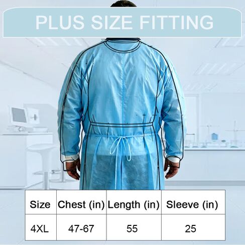 Plus Size Disposable Isolation Gown, Extra Large Long Sleeve Disposable Lab Coats w. Knit Cuff. Plus Size Visiting Cost for Factories, Labs, Salons. in Kuwait