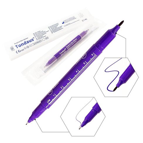 3Pcs Professional Purple Surgical Tip Skin Marker Pen Sterile Tattoo Stencil Markers Pen with Paper Ruler for Eyebrow, Lips - Individually Wrapped with Paper Ruler (2 Single Head +1 Double Head) in Kuwait