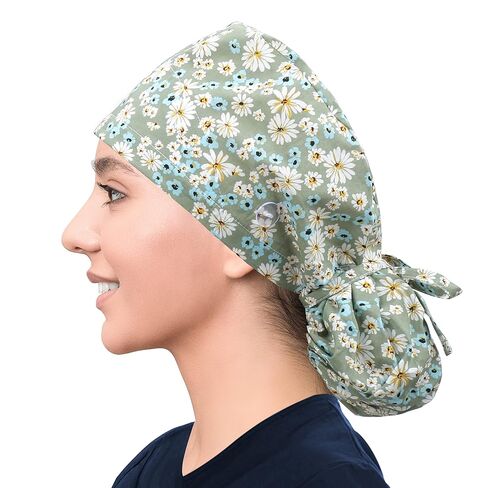 Satin Lined Scrub Cap for Women, Bouffant Nurse Cap with Sweatband and Buttons, Adjustable Surgical Hat for Curly Hair, Braids, Long Hair and Buns in Kuwait