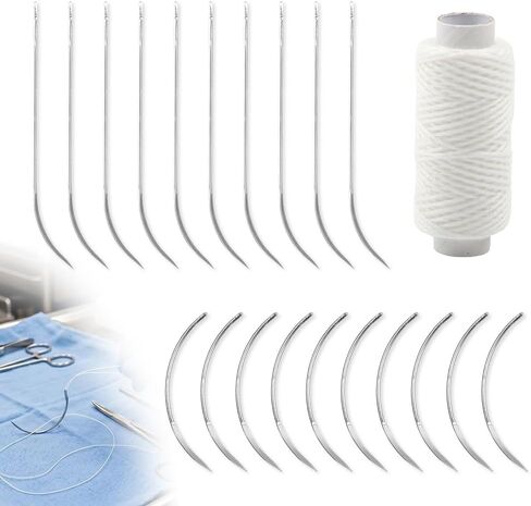20 Pcs Veterinary Suture Needles with 1 Pcs Thread, 2.4" and 1.6" Stainless Steel Curved Needles Set for Animal Surgical Needle Cattle Sheep Pig Seam Surgical Accessories, No. 10 Suture, Silvery in Kuwait