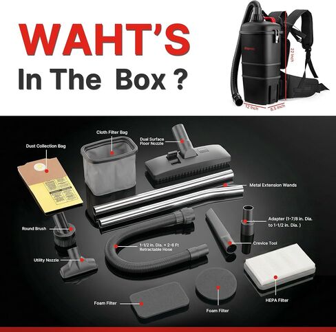 Shop-Vac 5430299 Backpack Vacuum Commercial, 1.5 Gallon 4.5 PHP Ergonomic Canister Vacuum Cleaner with HEPA Filtration, 1.5-Inch Attachments, Corded, for Multi-Surface Cleaning, Carpet and Hard Floor in Kuwait