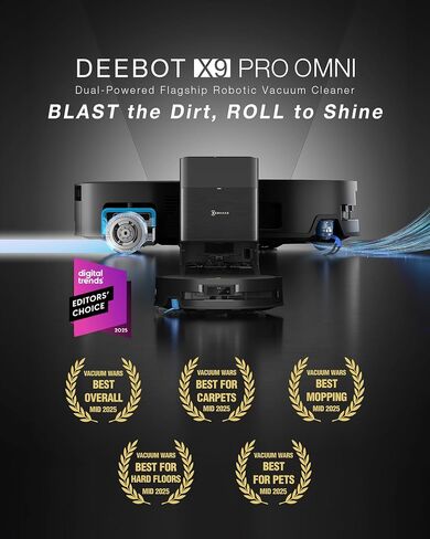 ECOVACS DEEBOT X9 PRO Omni Robot Vacuum and Mop، شفط 16600 باسكال، ممسحة دوارة فورية، ZeroTangle 3.0، رفع ممسحة تلقائي، ملاحة AI، محطة ذاتية التفريغ، مثالية لشعر الحيوانات الأليفة والسجاد والأرضيات الصلبة in Kuwait