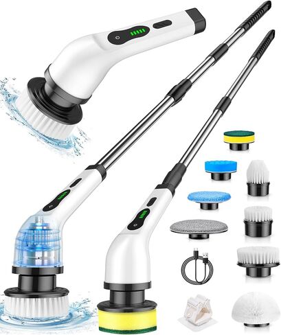 Electric Spin Scrubber, Cordless Cleaning Brush, Shower Scrubber with 8 Brush Heads 2H Power Dual Speed, Adjustable Extension Handle, IPX7 Waterproof for Tub Tile Car Floor Polishers, PA-25. in Kuwait