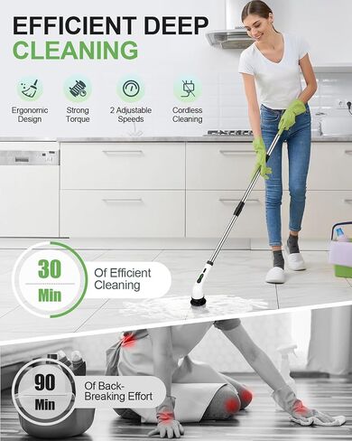 Electric Spin Scrubber, Cordless Cleaning Brush, Shower Scrubber with 8 Brush Heads 2H Power Dual Speed, Adjustable Extension Handle, IPX7 Waterproof for Tub Tile Car Floor Polishers, PA-25. in Kuwait