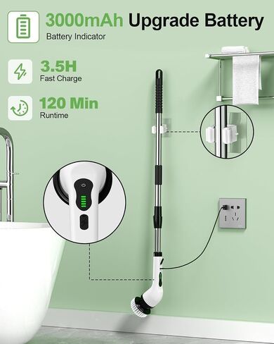 Electric Spin Scrubber, Cordless Cleaning Brush, Shower Scrubber with 8 Brush Heads 2H Power Dual Speed, Adjustable Extension Handle, IPX7 Waterproof for Tub Tile Car Floor Polishers, PA-25. in Kuwait