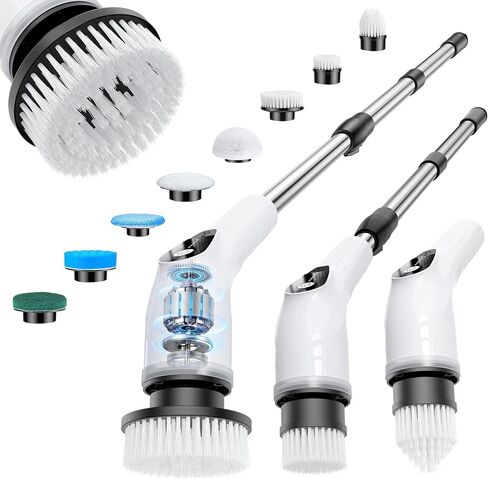 Electric Spin Scrubber, Cordless Cleaning Brush with 8 Replaceable Heads, Five-Speed Power Scrubber with Adjustable Handle for Bathroom, Tub, Floor, Tile & Car – Clean Without Bending in Kuwait