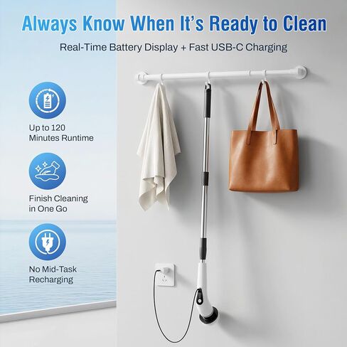 Electric Spin Scrubber, Cordless Cleaning Brush with 8 Replaceable Heads, Five-Speed Power Scrubber with Adjustable Handle for Bathroom, Tub, Floor, Tile & Car – Clean Without Bending in Kuwait