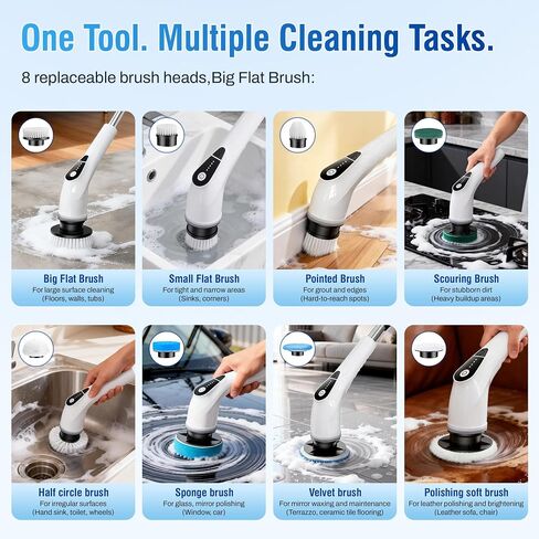 Electric Spin Scrubber, Cordless Cleaning Brush with 8 Replaceable Heads, Five-Speed Power Scrubber with Adjustable Handle for Bathroom, Tub, Floor, Tile & Car – Clean Without Bending in Kuwait