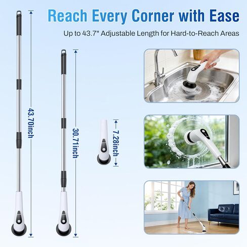Electric Spin Scrubber, Cordless Cleaning Brush with 8 Replaceable Heads, Five-Speed Power Scrubber with Adjustable Handle for Bathroom, Tub, Floor, Tile & Car – Clean Without Bending in Kuwait