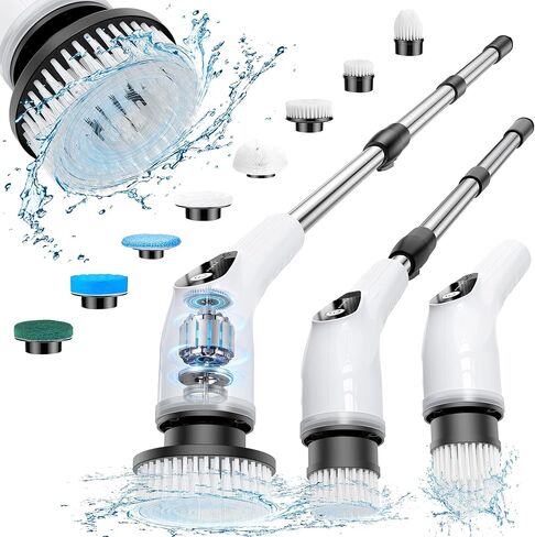 Electric Spin Scrubber, Cordless Cleaning Brush with 8 Replaceable Heads, Five-Speed Power Scrubber with Adjustable Handle for Bathroom, Tub, Floor, Tile & Car – Clean Without Bending in Kuwait
